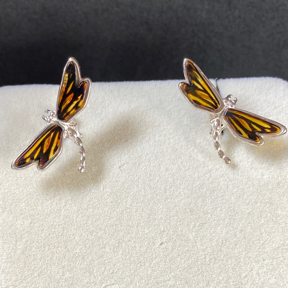 Citrine & Cherry Amber Dragonfly earrings.925 SS High Museum quality Amber $180